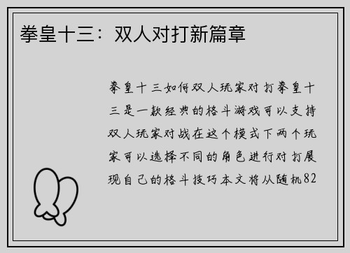 拳皇十三：双人对打新篇章